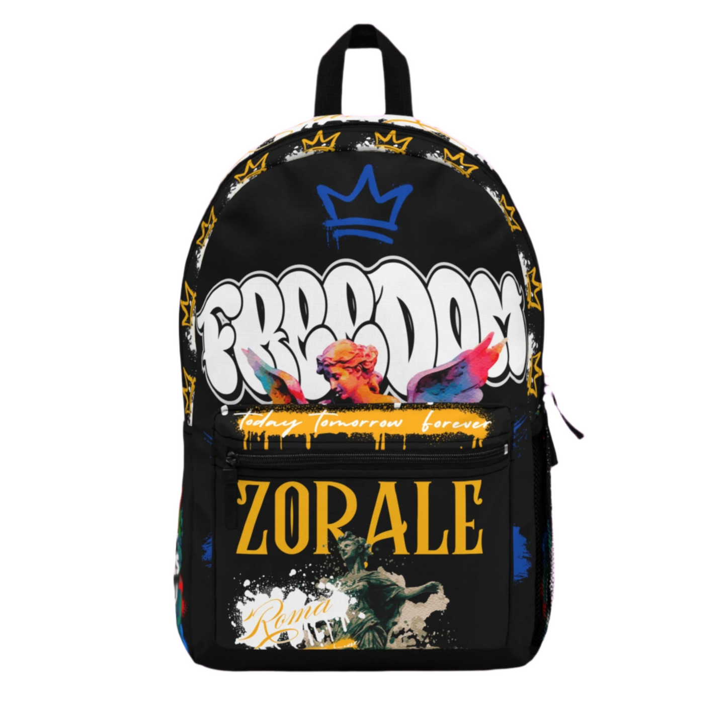Backpack with colorful graphics and text on a pink background
