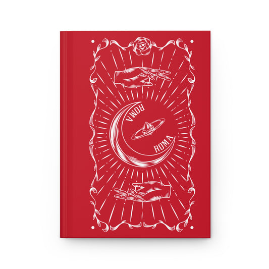 Hardcover journal with bold red moon at the center, surrounded by a crown-style border.