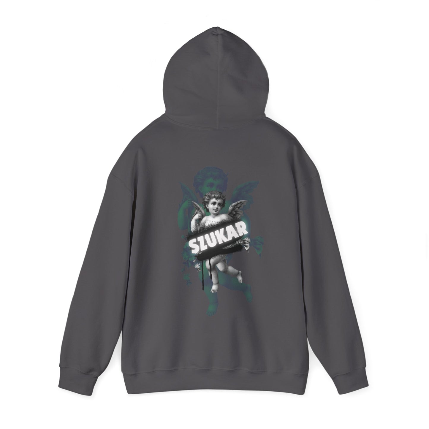 Hooded sweatshirt with detailed angel wings graphic and statement ‘SZUKAR’ print.