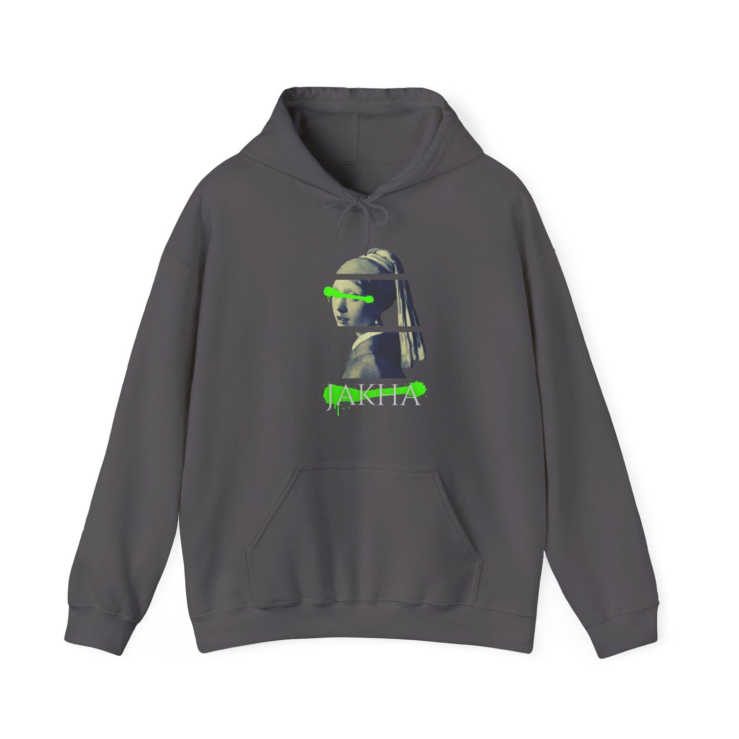 Gray hoodie with a graphic design on a white background