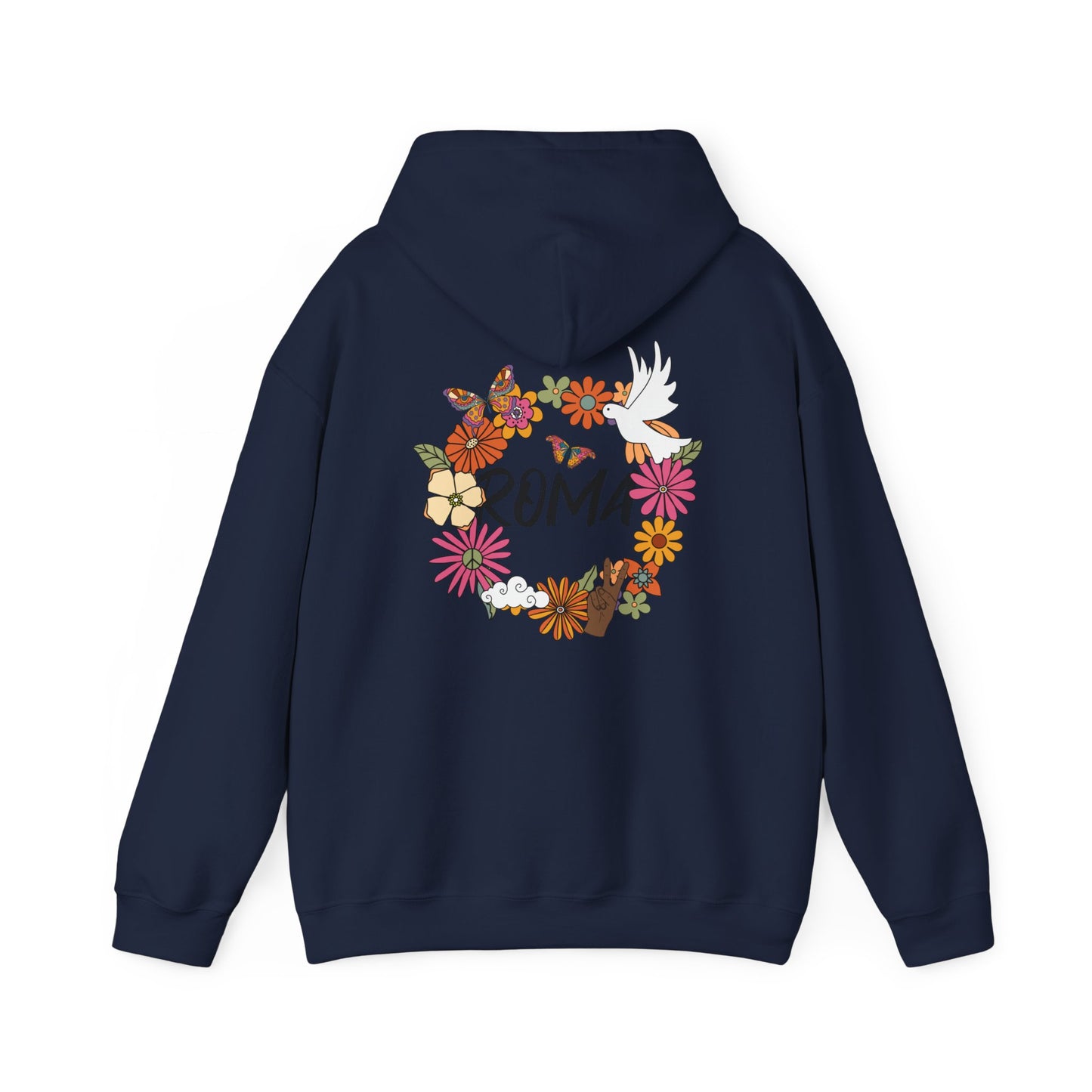 Hoodie showcasing “ROMA” text surrounded by blooming flowers in a circle, accented by a dove in the center.