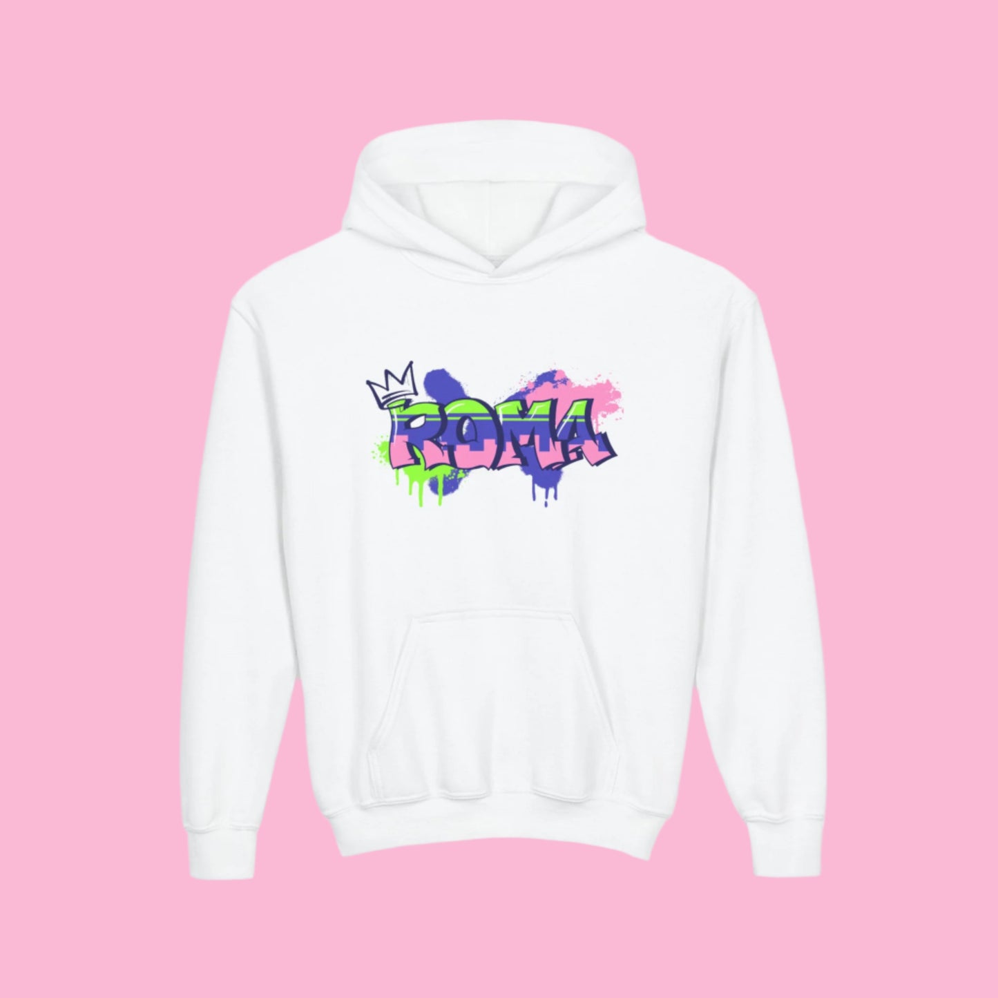 Comfy children's hoodie featuring large printed 'ROMA' lettering in front.