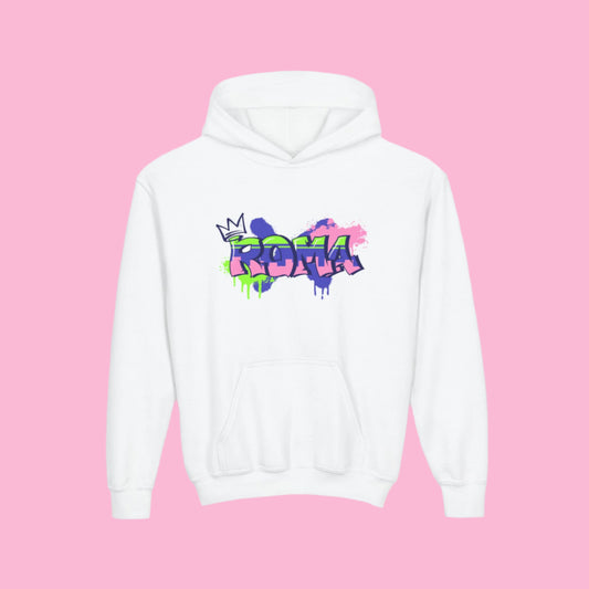 Comfy children's hoodie featuring large printed 'ROMA' lettering in front.