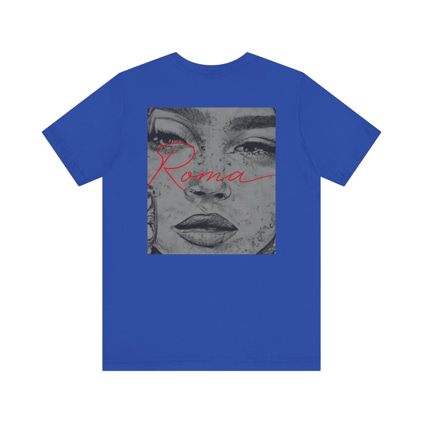 Minimalist design tee with a strong Roma statue graphic at the center, backed by a subtle ‘ATTENTION’ print and ‘Roma’ text below.