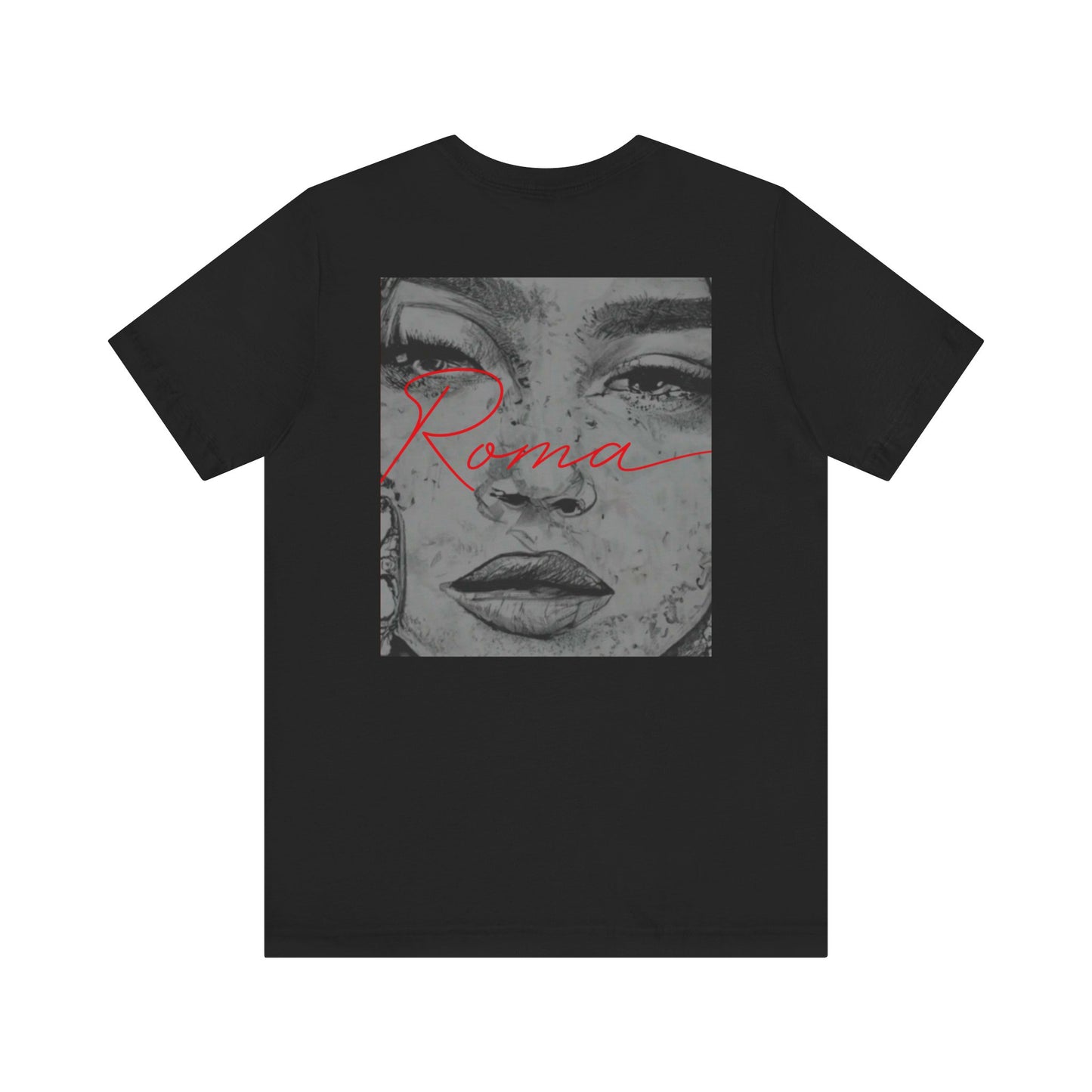 T-shirt design featuring GADJO text inside a painted oval frame with metallic brush textures.