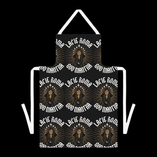 Chic black apron worn by woman featuring empowering slogan 'Lacie Roma Goo Mantra