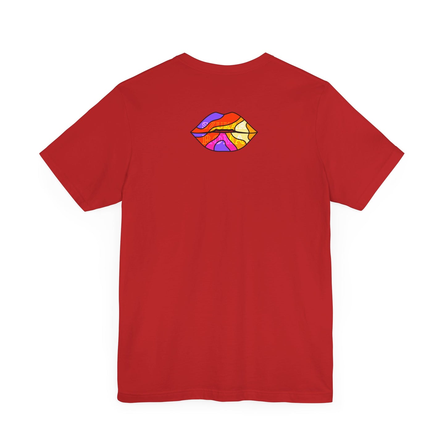 T-shirt featuring colorful lips design in purple, red, yellow, and pink with faint SUKAR ROMA text