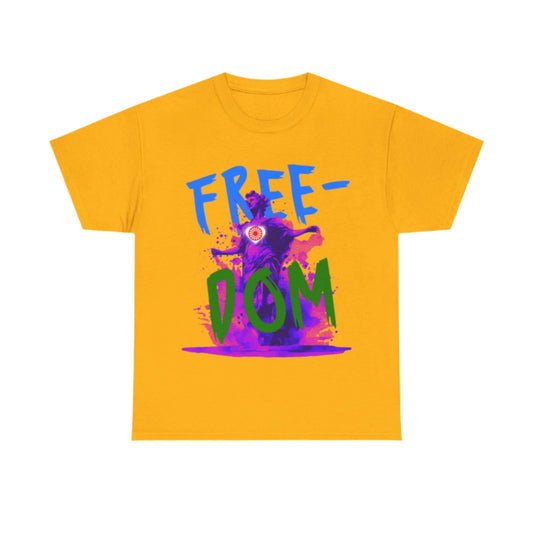Short sleeve shirt with a monochrome statue graphic and clean “FREEDOM” text below.