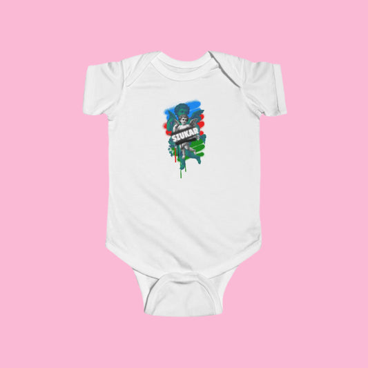 Szukar Roma baby bodysuit in pink with fine jersey fabric and subtle angel and Roma designs.