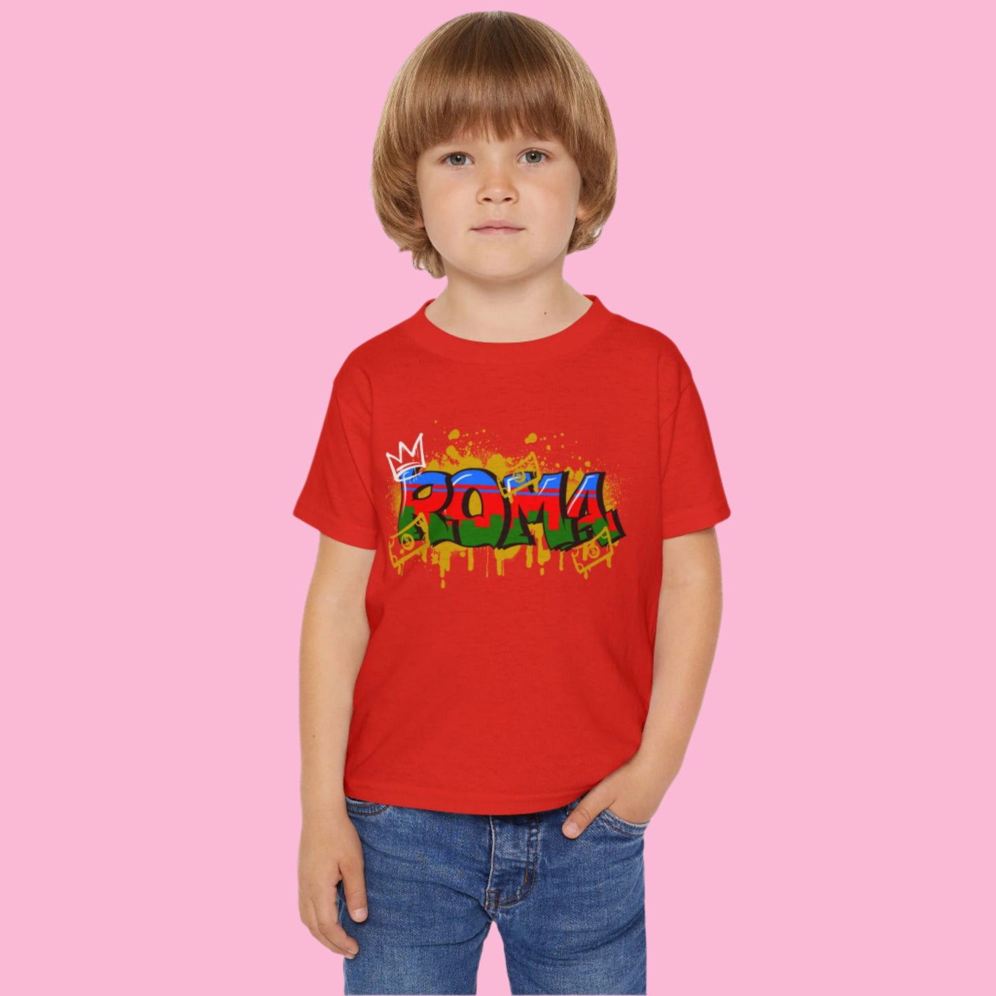 Bright red T-shirt with celestial angel illustration and ROMA wordmark for kids