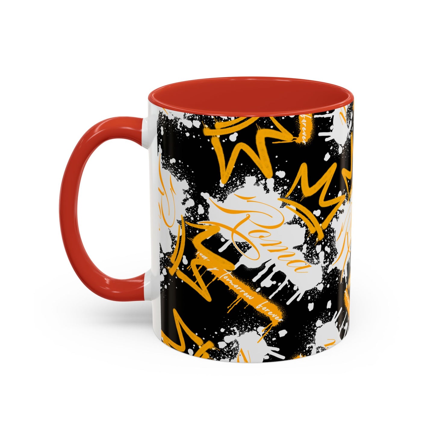 Tall ceramic mug with ROMA text printed in a stylish serif font.