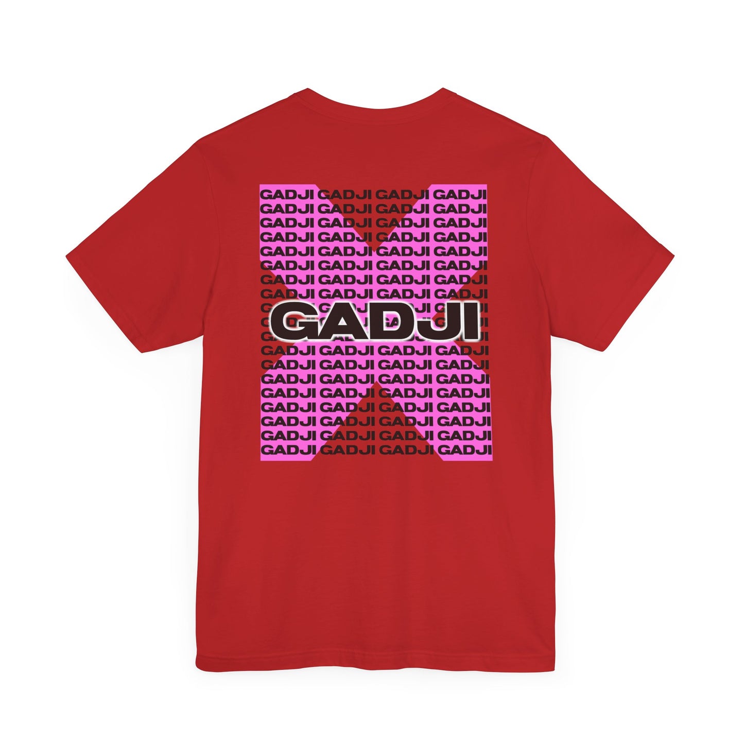 Maroon short sleeve t-shirt with gold GADJI lettering inspired by classic Roman monuments.