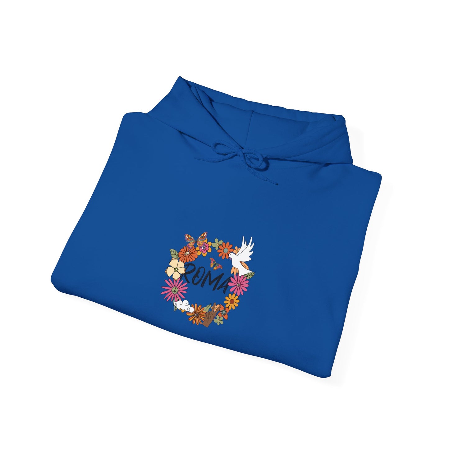Elegant hoodie with a dove centered inside a floral circle, framing the “ROMA” text within the wreath.