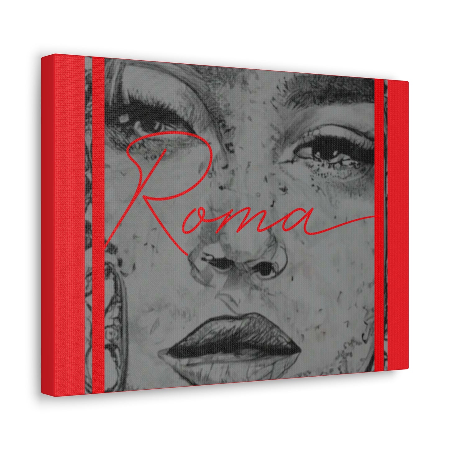 Modern wall art with a high-detail close-up of a girl's pained expression, balanced by bold ROMA lettering at the corner.