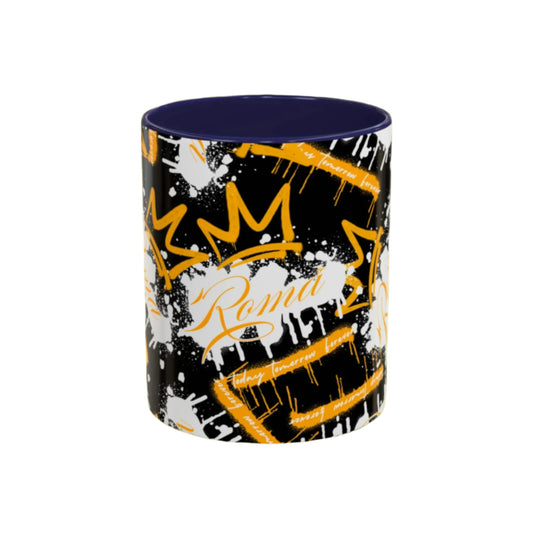 Stylish ceramic mug with ROMA text surrounded by delicate ornamental lines.