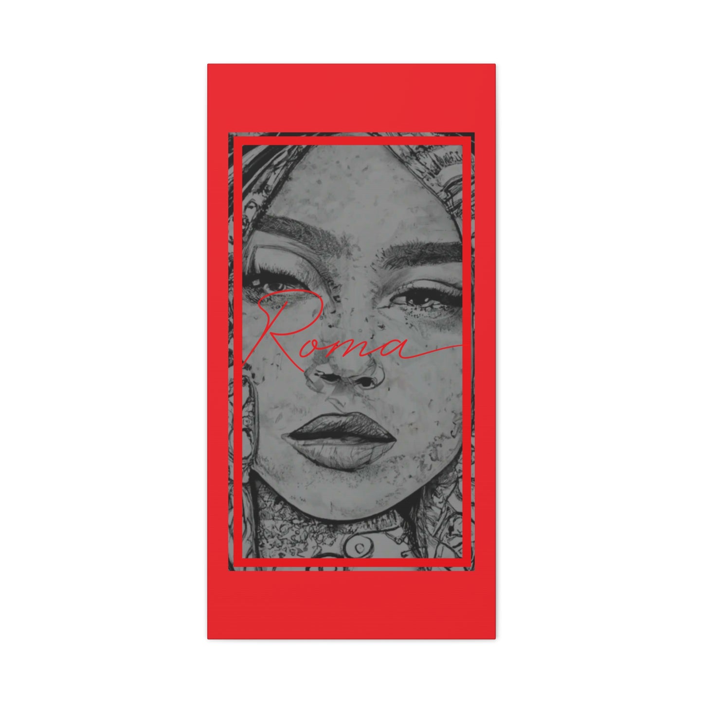 Expressive canvas showing a teary-eyed girl in soft focus, with vertical ROMA text complementing the emotional tone.