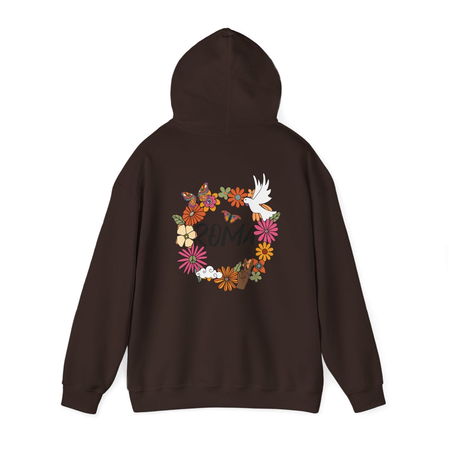 Comfortable hoodie with a floral wreath encircling a dove, enclosing “ROMA” text in the center.