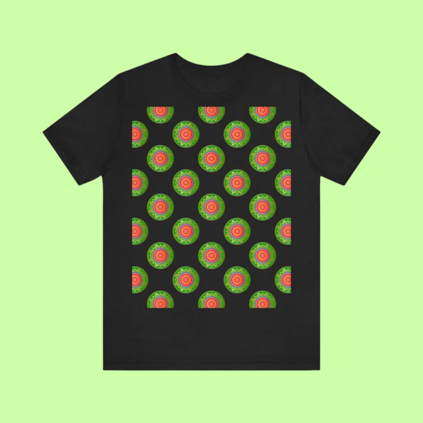 Soft cotton tee showcasing a bold print of a girl embedded in a circular Roma-style tribal crest.