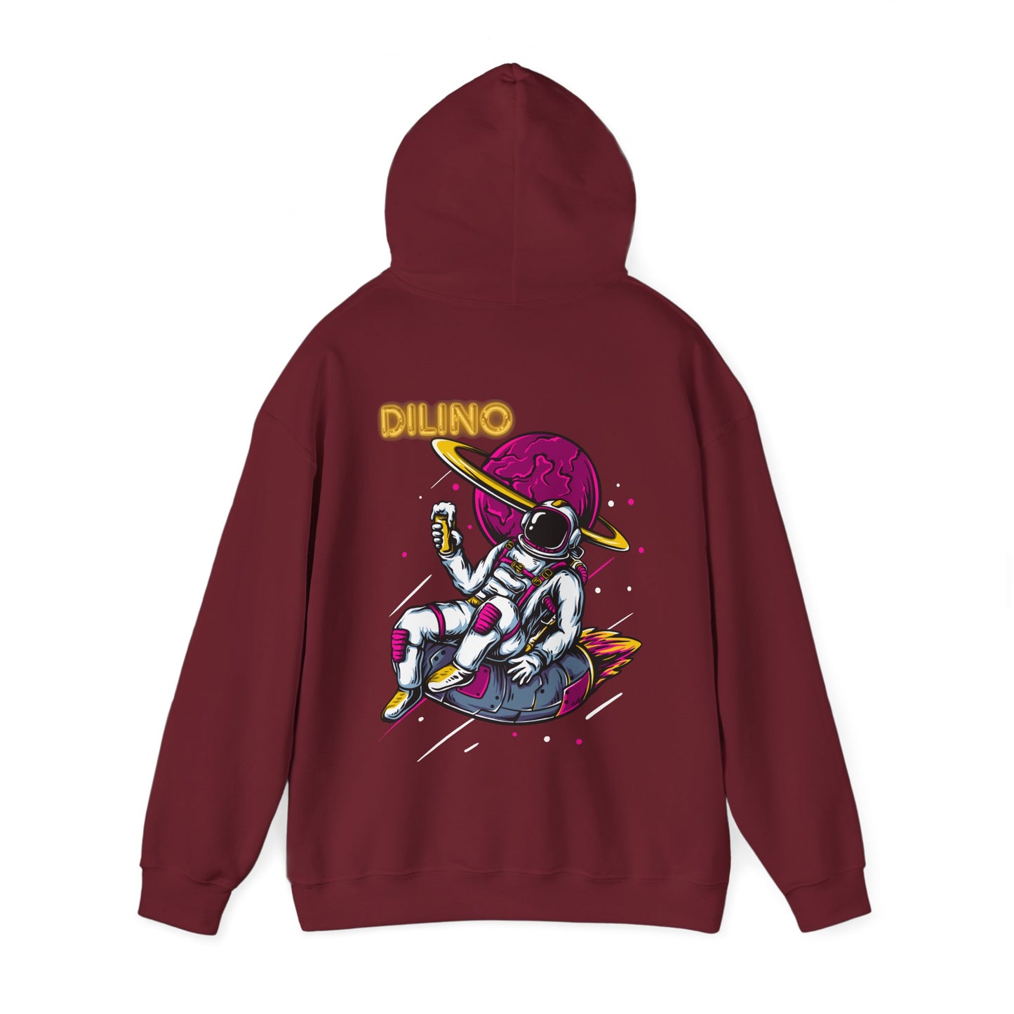 Dreamy hoodie with a floating astronaut silhouette over the moon and minimalist “DILINO” text.