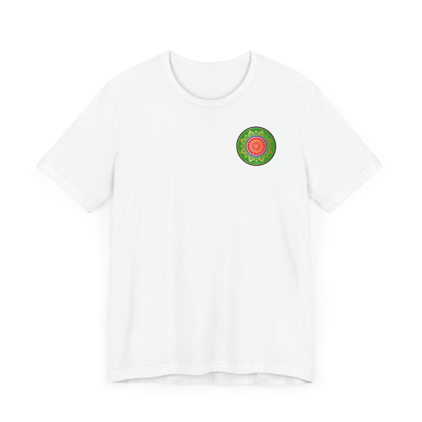 Minimalist t-shirt featuring regal green and gold circle design with Roma symbolism.