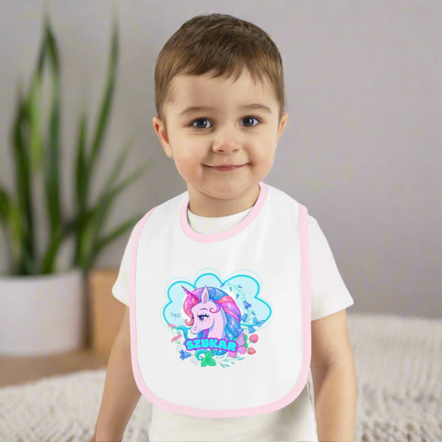 Pink toddler bib unicorn sketch szukar design