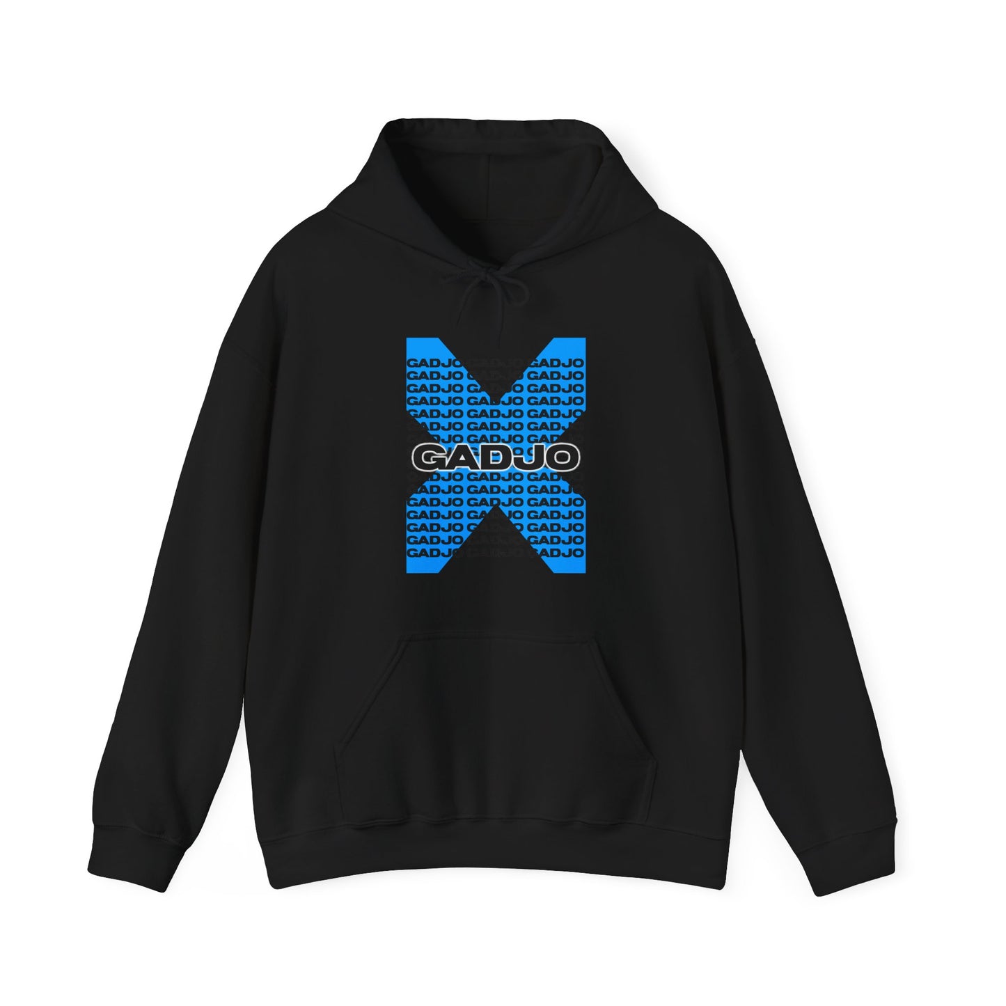 Hoodie with bold “GADJO” typography framed by tribal-inspired patterns along the sleeves.