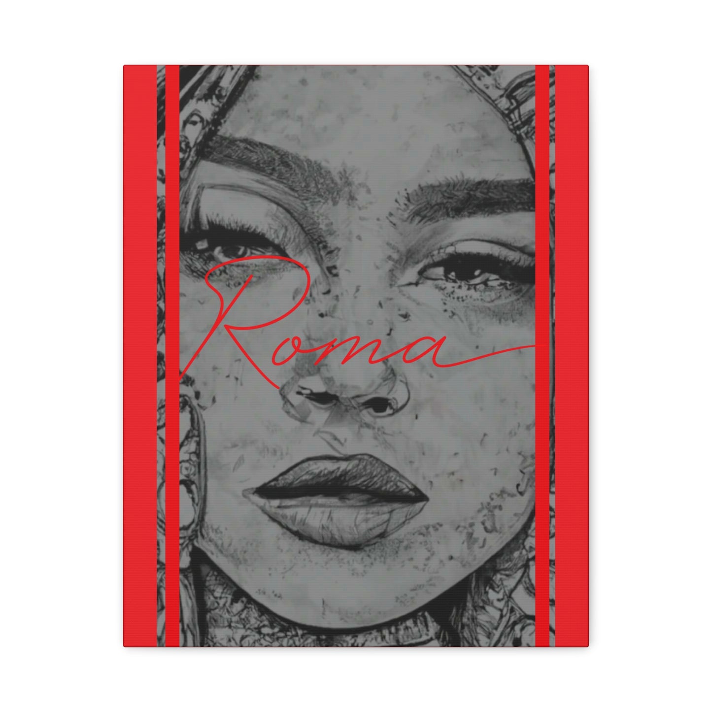 Emotive portrait on canvas capturing a girl’s tearful eyes, accented by modern ROMA text design.
