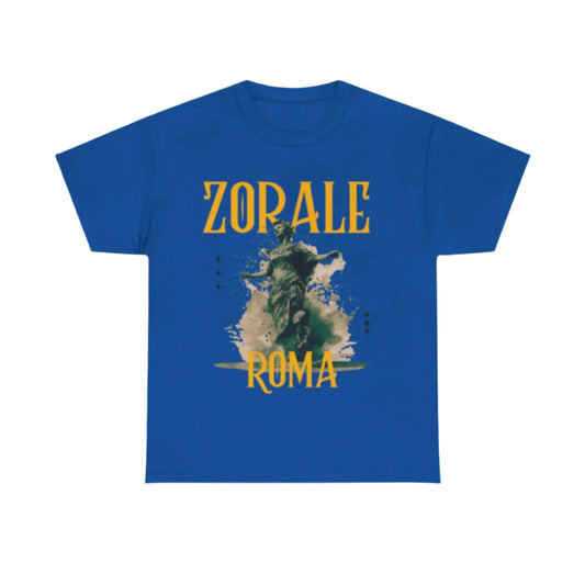 Artistic front print T-shirt featuring ZORALE text and Roman statue illustration