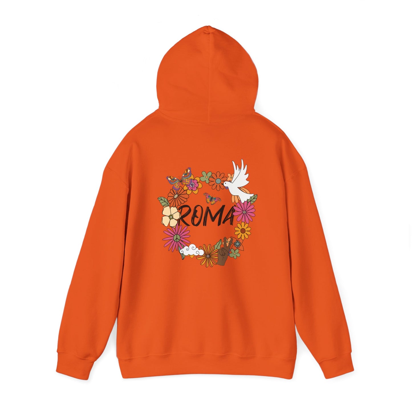 Stylish hoodie decorated with a floral crown in a circle, a serene dove at its core, and “ROMA” text integrated inside.