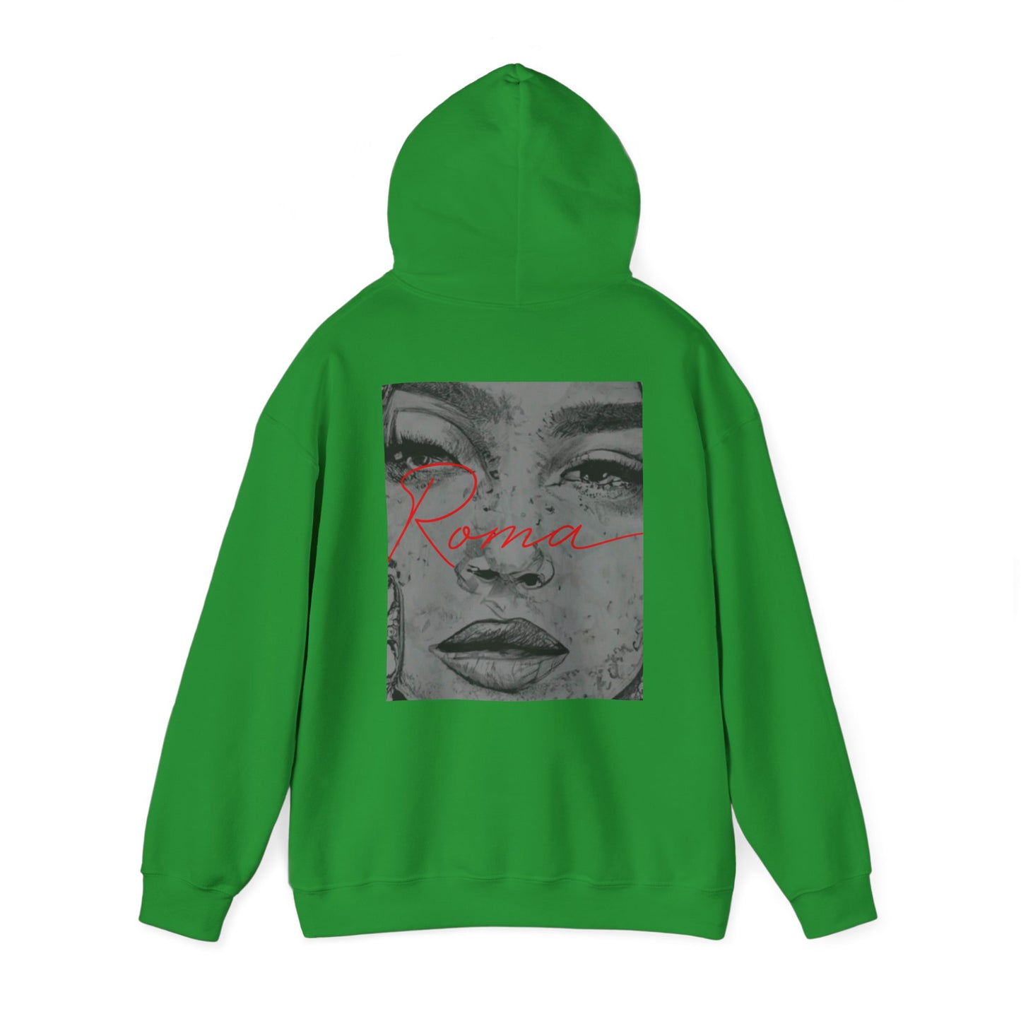 Hoodie embellished with the Roma flag’s red, yellow, and blue tones in a wave pattern.