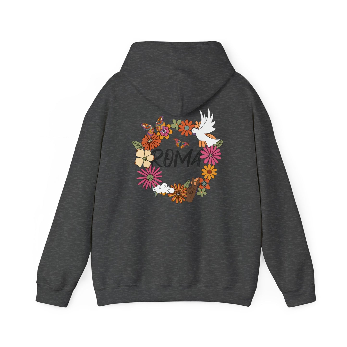 Soft hoodie adorned with a blooming flower circle surrounding a peaceful dove, with “ROMA” text inside the ring.