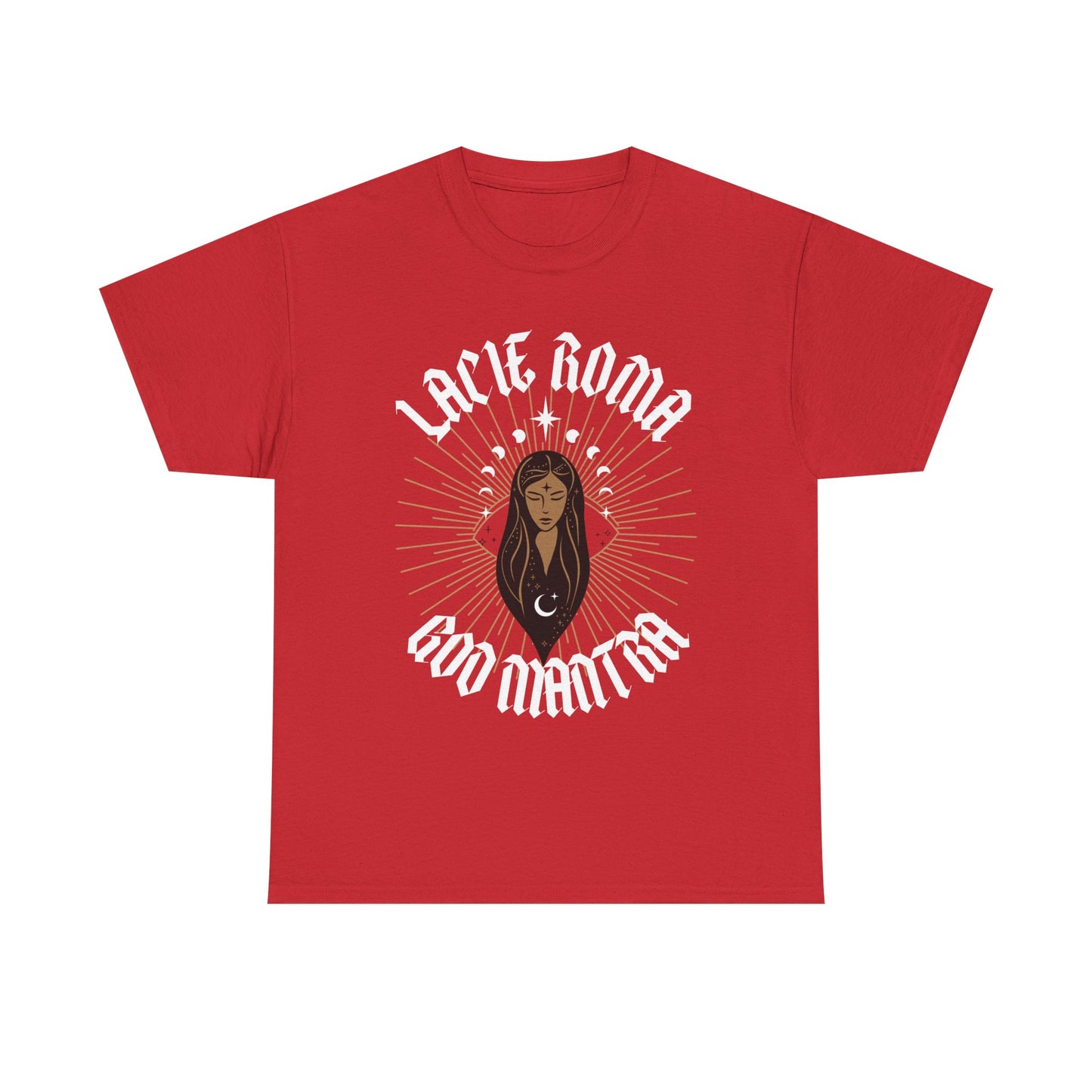 Stylish tee with a central figure of a dreamy girl framed in gold sun patterns and celestial shapes, featuring 'LACIE ROMA' title and 'GOO Mantra' mantra.