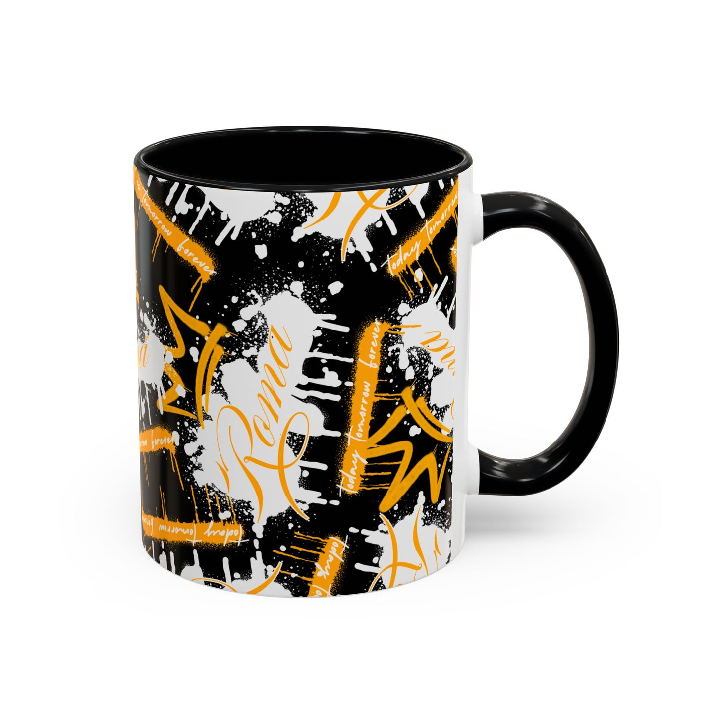 White ceramic mug with ROMA text in elegant cursive script.