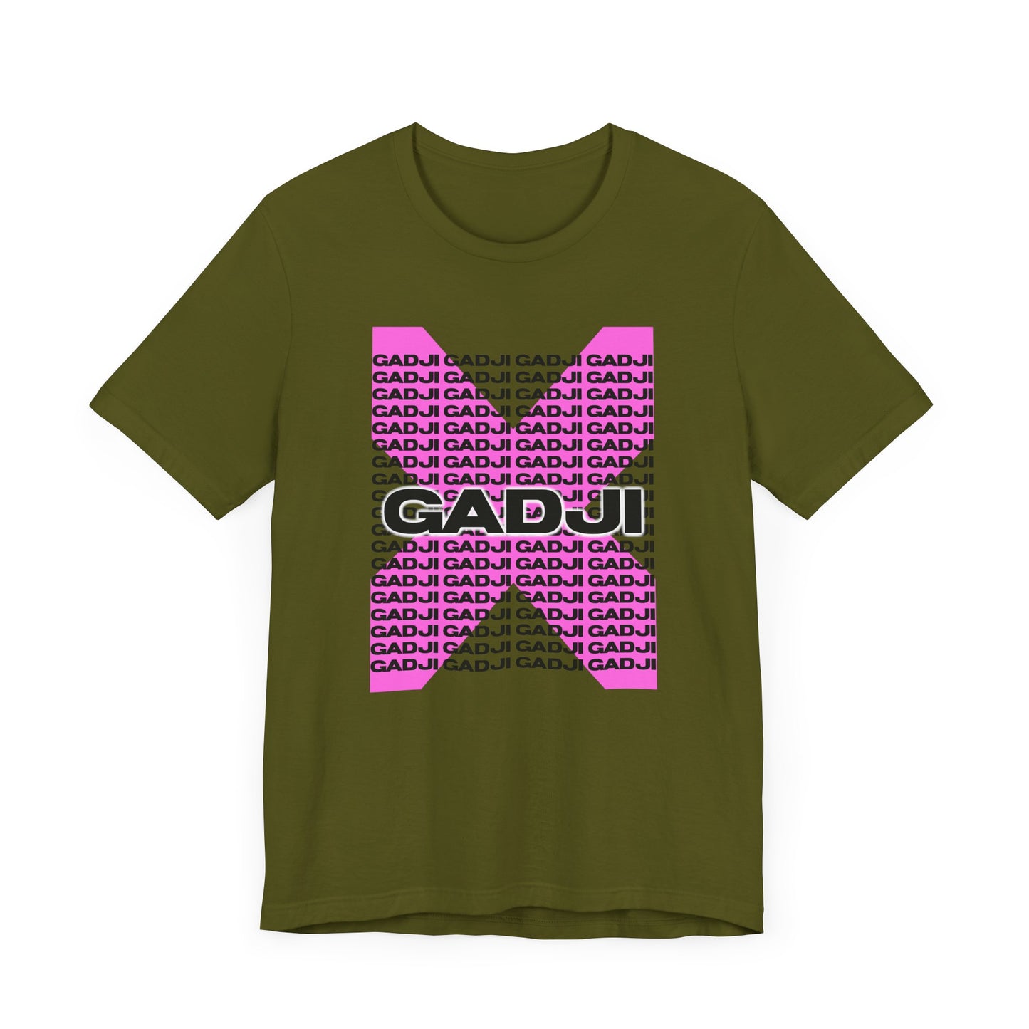 T-shirt showcasing GADJI lettering with a textured stone carving effect reminiscent of ancient Roman monuments.
