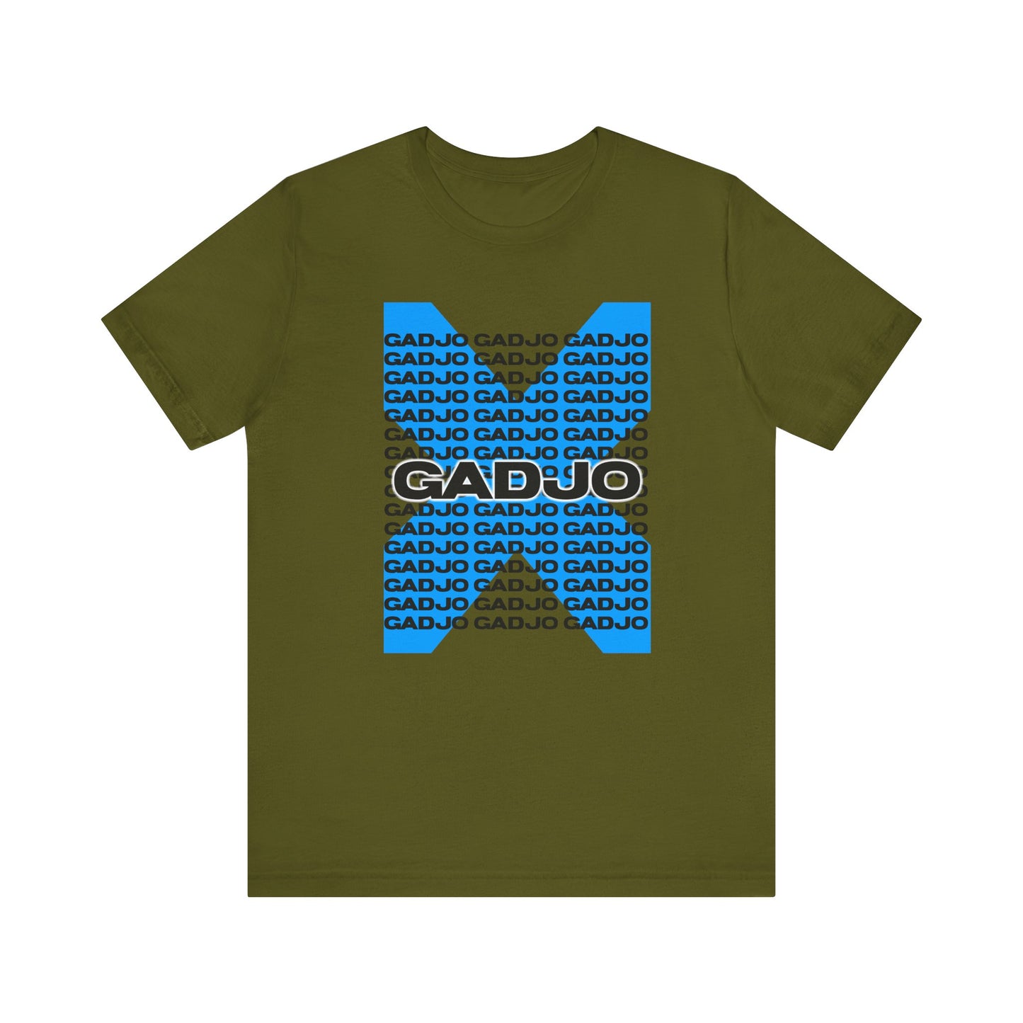 Fitted tee featuring stacked GADJO lettering in minimalist sans-serif style.