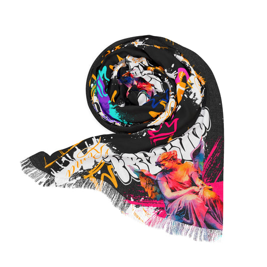 Stylish long light scarf with an artistic angel pattern integrated with Roma flag colors and ‘other SZUKAR Roma designs