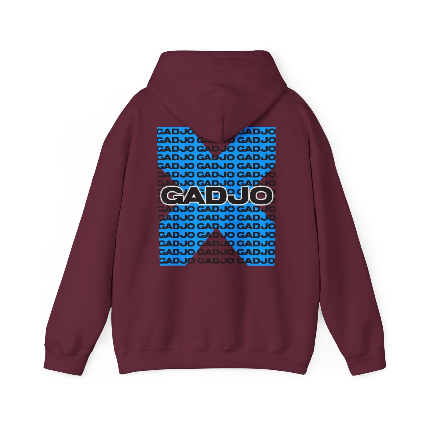 Hoodie with retro 90s aesthetic, neon “GADJO” lettering and faded color blocks.