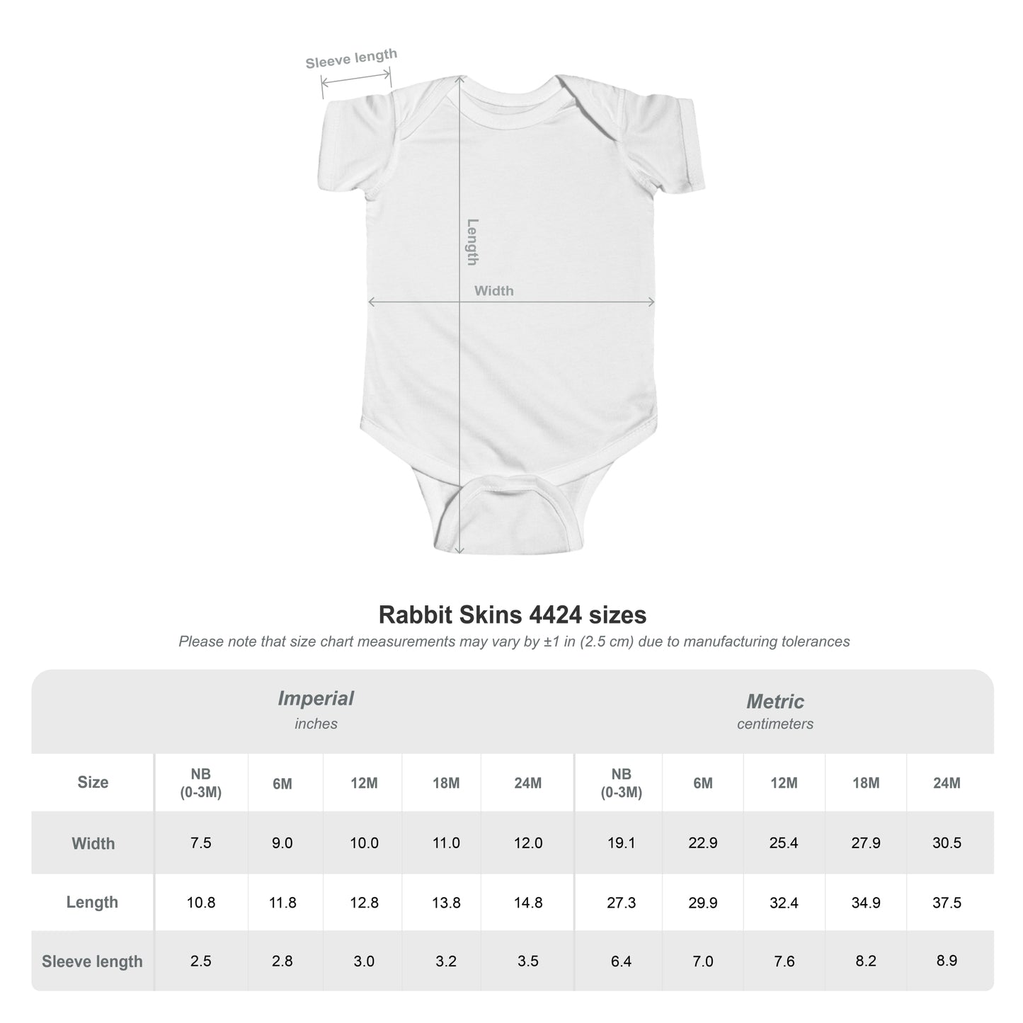 Size chart for Szukar Roma Infant Fine Jersey Bodysuit showing measurements for newborn to 24 months.