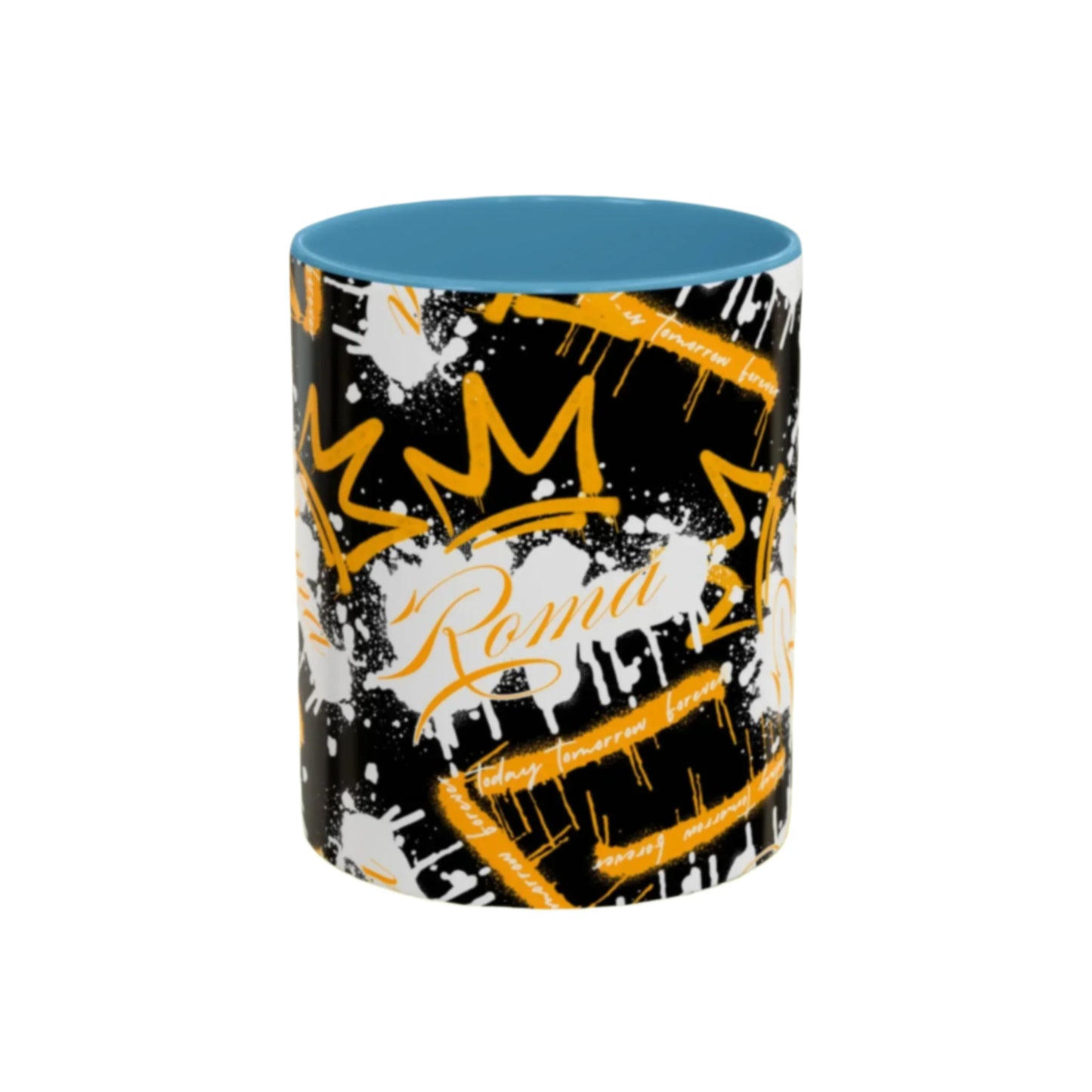 Ceramic mug showcasing ROMA text in a stacked, block letter design.