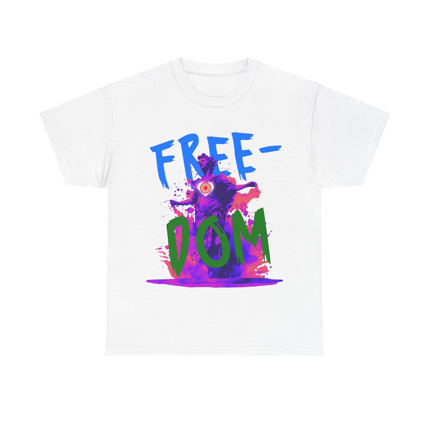 Grunge-style tee with a cracked statue and bold graffiti-inspired “FREEDOM” print.