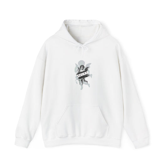 Bold graphic hoodie with symbolic angel figure and modern SZUKAR label.