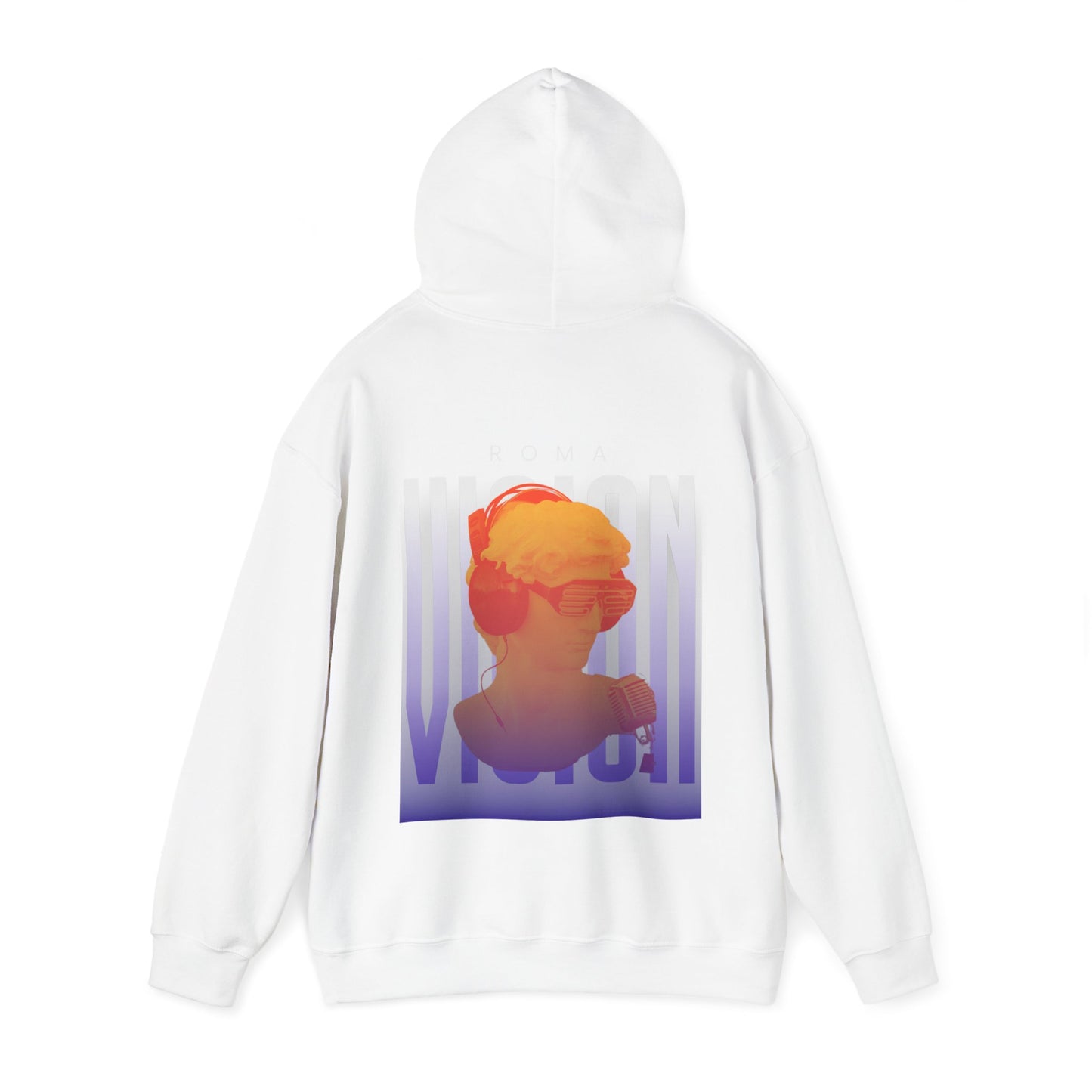 Casual hoodie with large ‘ROMA’ text, a girl’s portrait, and background text spelling ‘VISION.’