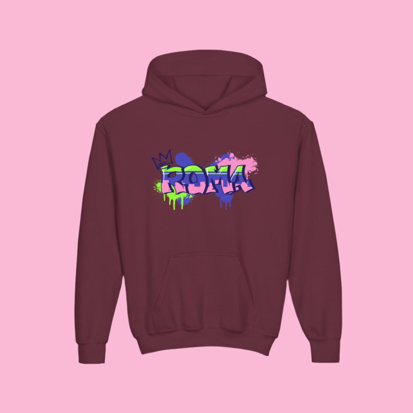 Lightweight hoodie for children featuring oversized ROMA letters in fun, blocky style.