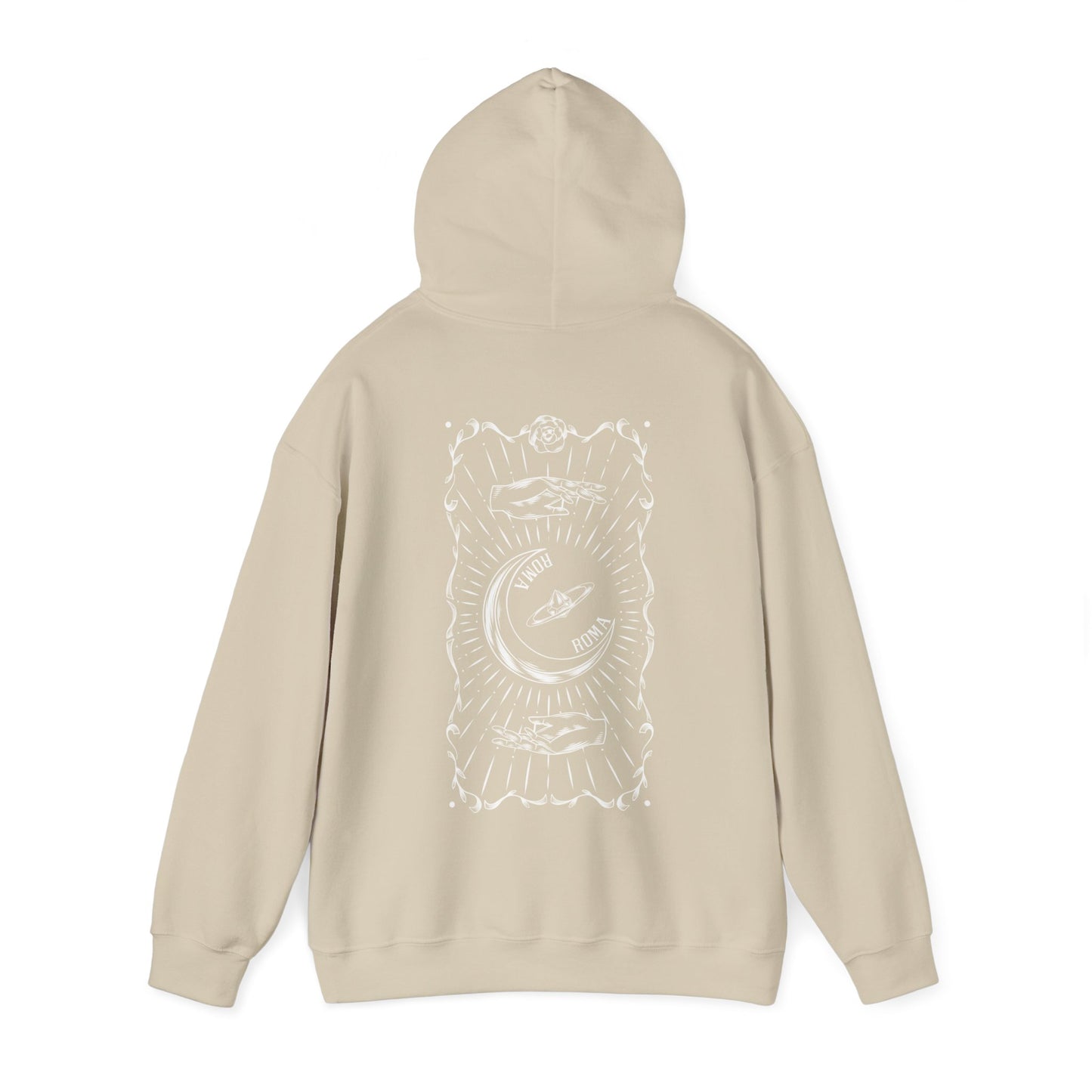 Comfortable gray hoodie with artistic half-moon and ROMA text illustration