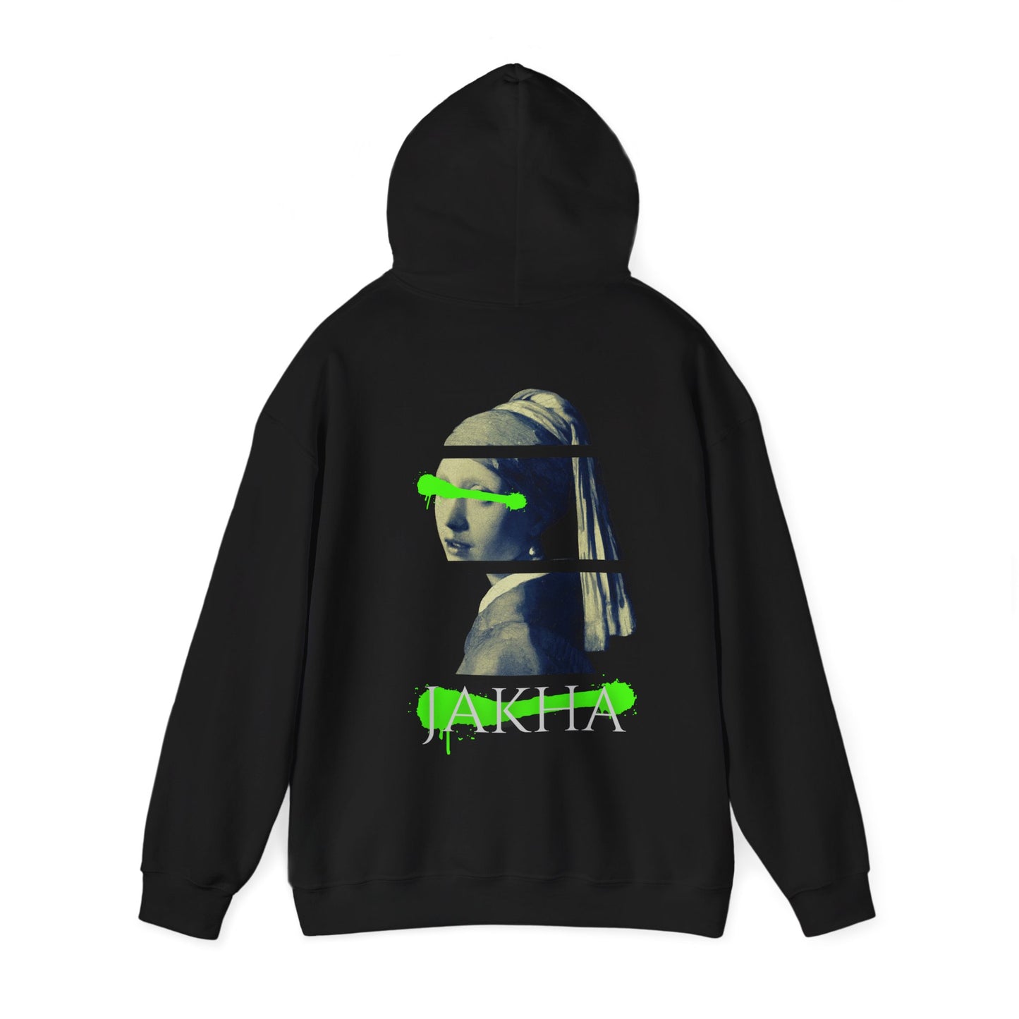 Black hoodie with graphic design on the back on a white background