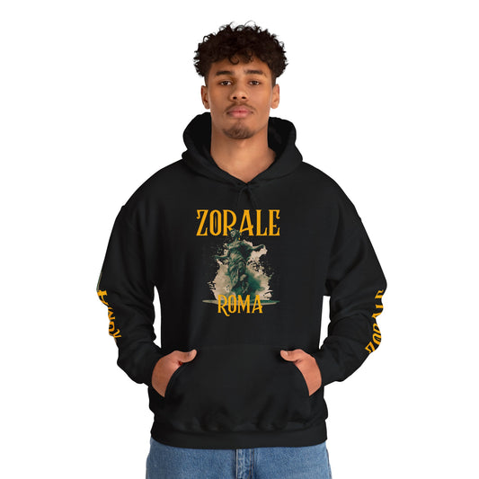 Person wearing a black hoodie with 'Zorale Roma' text and graphics on a white background