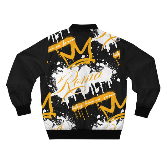Comfortable jacket with zipper closure, showcasing a minimalist crown graphic, ROMA identity, and timeless words across the back.