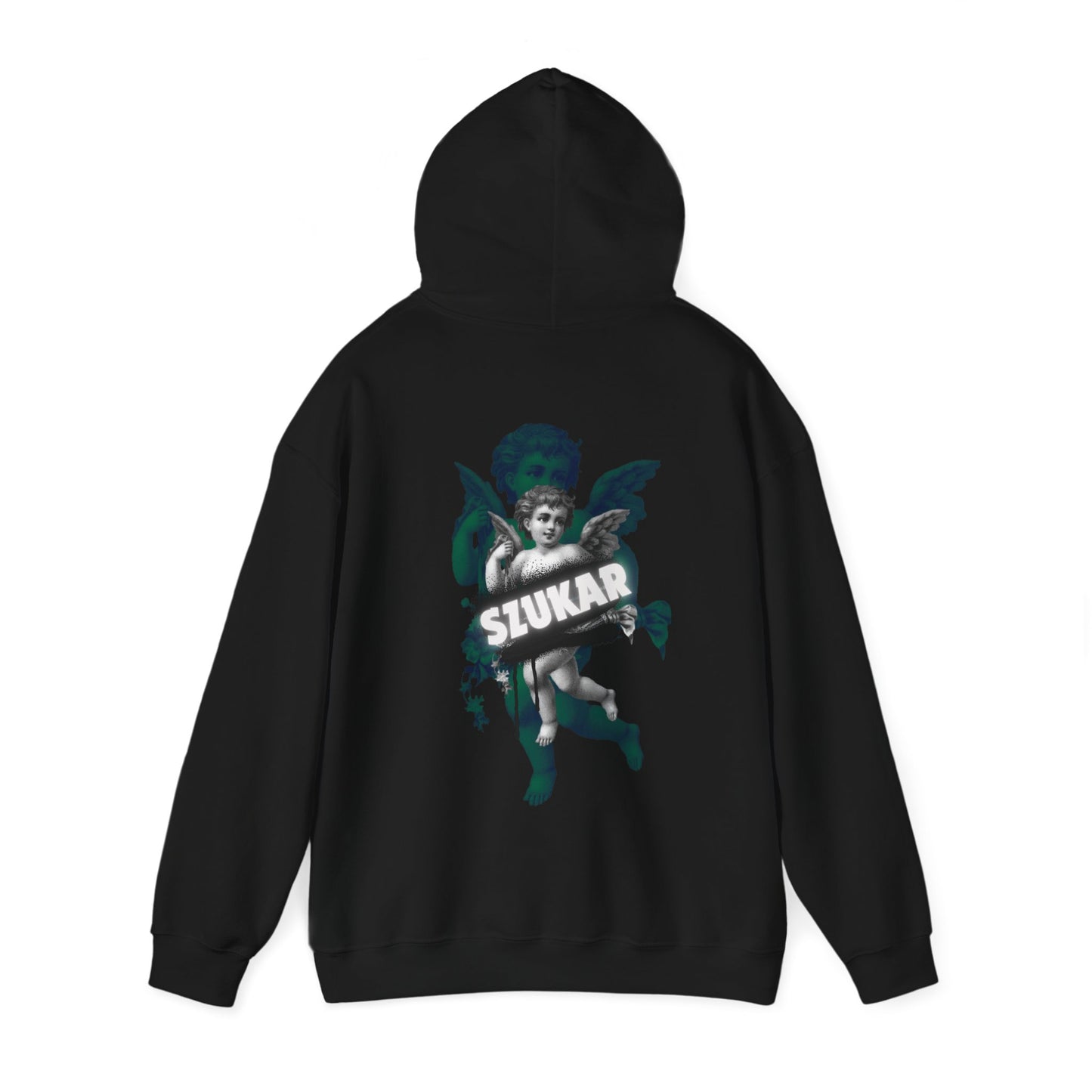 Grunge-style hoodie with rough sketch of an angel and distressed ‘SZUKAR’ lettering.