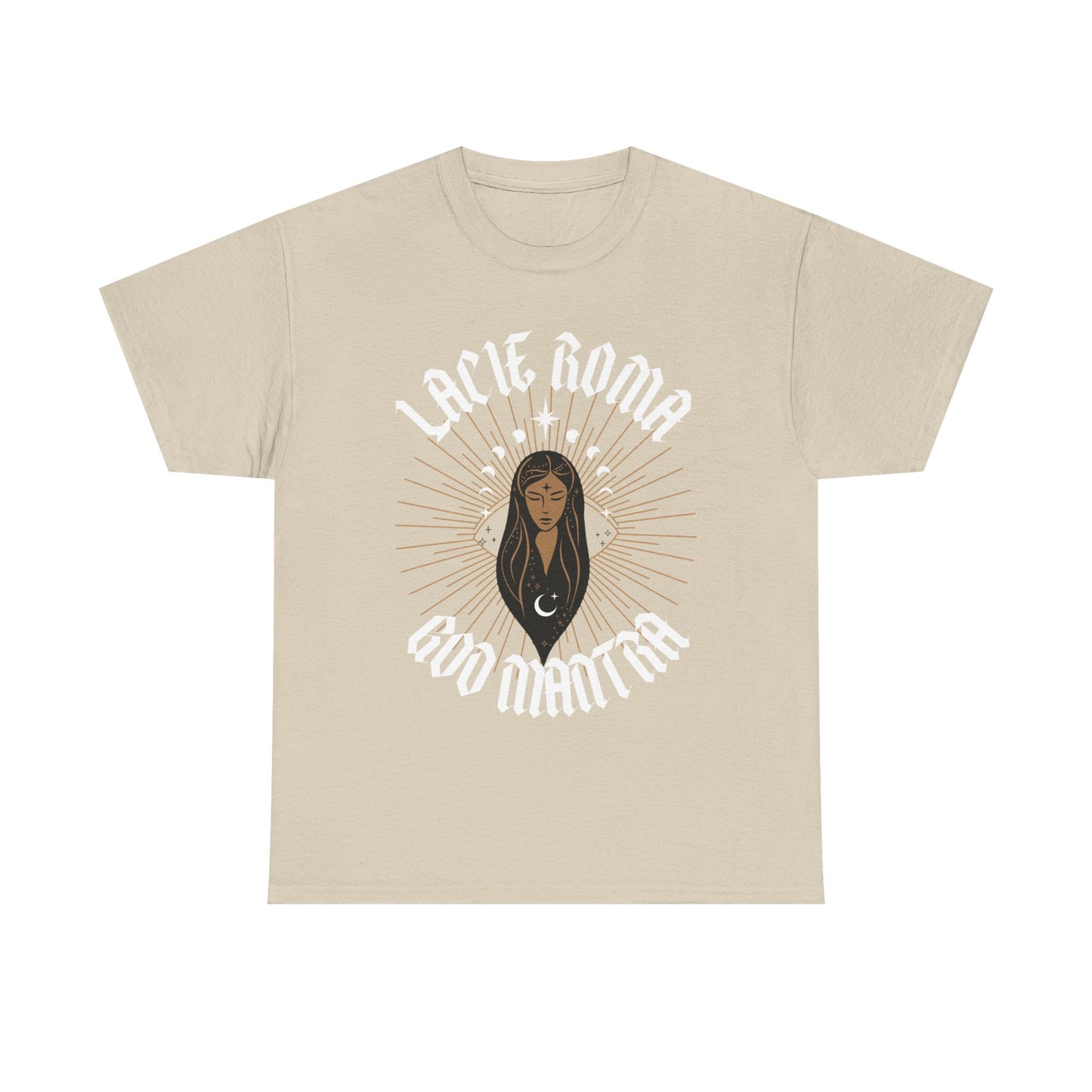 Empowering design on a t-shirt—central portrait of a thoughtful girl, glowing with celestial light, spiritual symbols in the background, and mantra text anchoring the design.