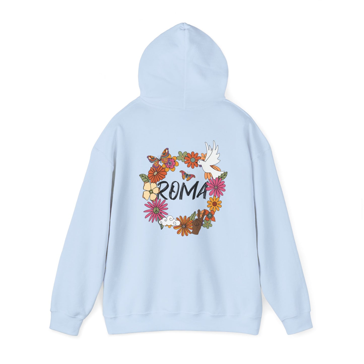Hoodie with a nature-inspired design of a dove in a floral ring, with “ROMA” text centrally positioned.